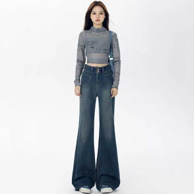 American Retro Loose Straight Wide Leg Jeans Dark Blue Ninth Pants - Shop at LoveMi