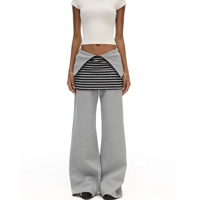 Adjustable Waist Gray Wide Leg Striped Skirt Profile Long Sports Pants Women Light Gray - Shop at LoveMi