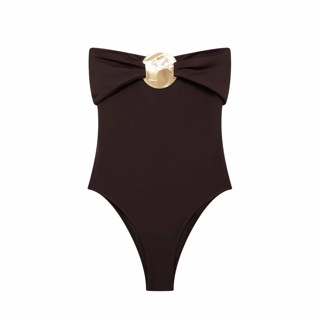Women's Chest Metal Decoration Black Swimsuit - Brown