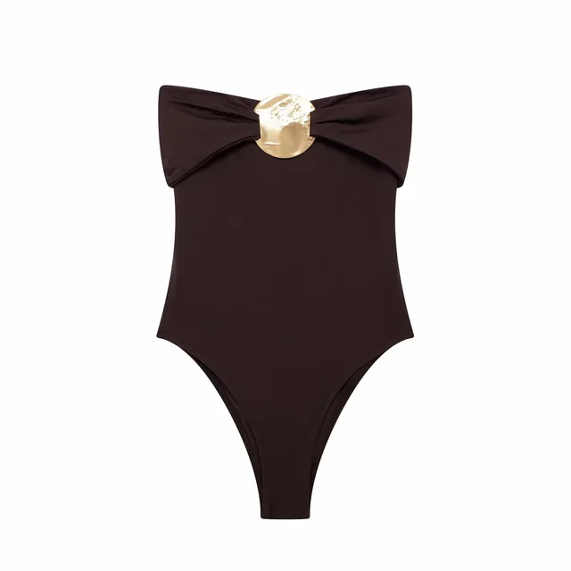 Women's Chest Metal Decoration Black Swimsuit Brown - Shop at LoveMi