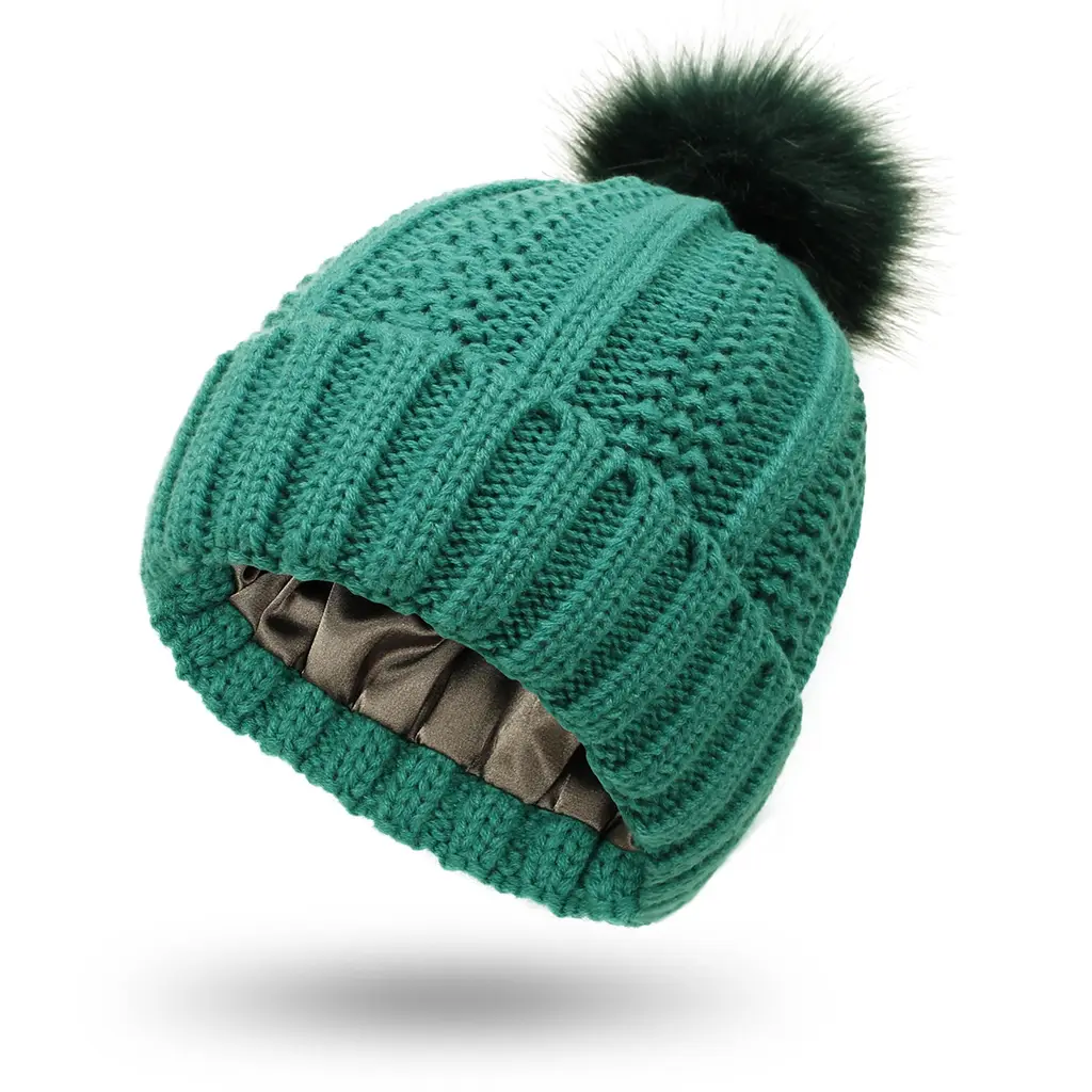 Woolen Cap Knitted Protection Hairstyle Silky Stretch Satin Knitted Hat - 5 Green