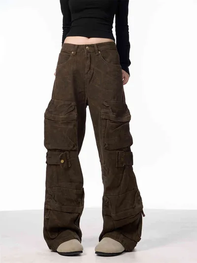 Camouflage Cargo Pants Women's Loose Wide Leg Jeans Coffee - Shop at LoveMi