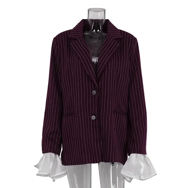 Lace Bell Sleeve Loose Casual Striped Blazer Wine Red - Shop at LoveMi
