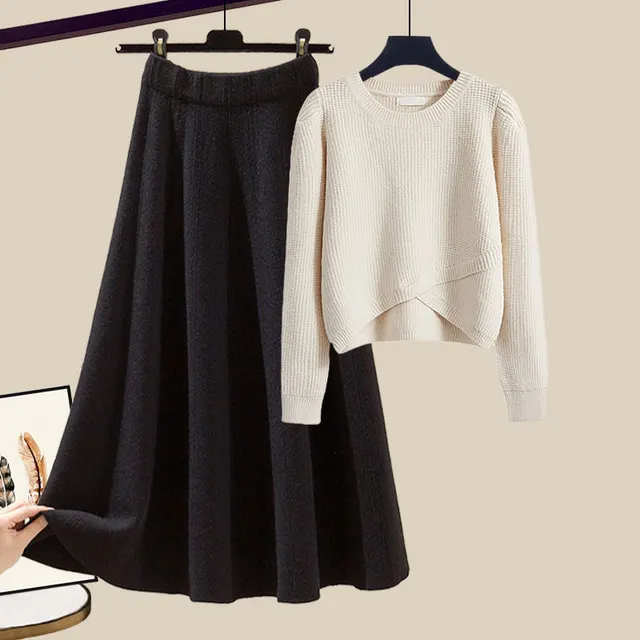 Irregular Gentle Style Knitted Sweater Skirt Suit Beige Coat Black Skirt - Shop at LoveMi