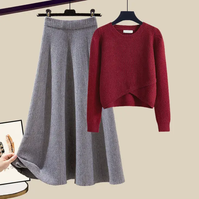 Irregular Gentle Style Knitted Sweater Skirt Suit Red Top Gray Skirt - Shop at LoveMi