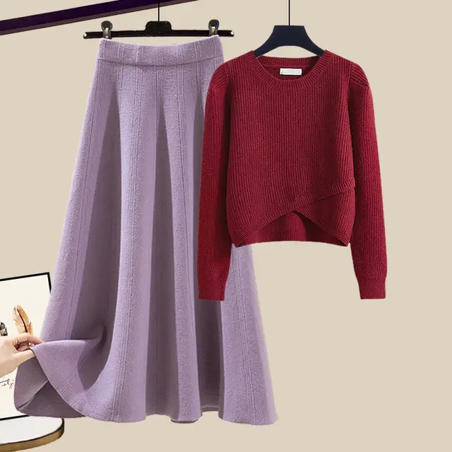 Irregular Gentle Style Knitted Sweater Skirt Suit Red Top Purple Skirt - Shop at LoveMi