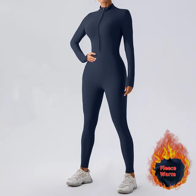 Fleece lined Yoga Jumpsuit Long Sleeve Keep Warm Outerwear Tights Navy Blue - Shop at LoveMi