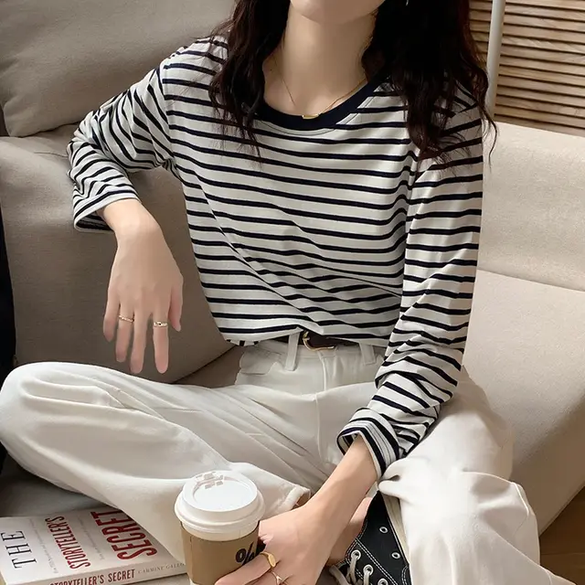Western Style Inner Wear Long Sleeve Bottoming Shirt Slimming Early Autumn Top Black And White Stripes - Shop at LoveMi