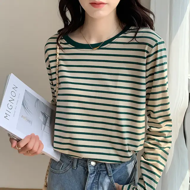 Western Style Inner Wear Long Sleeve Bottoming Shirt Slimming Early Autumn Top Green Stripes - Shop at LoveMi