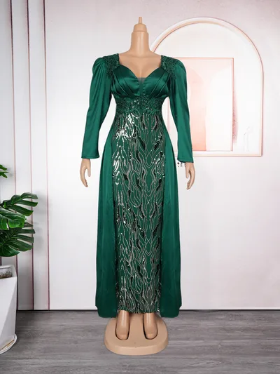 Plus Size Women's Dress V neck Backless Sequined Evening Dress Green - Shop at LoveMi
