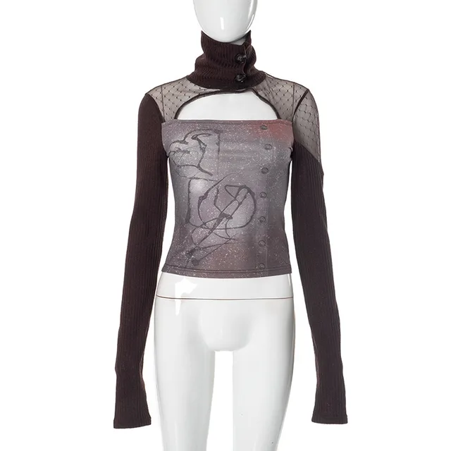 Women's Turtleneck Hollow out Printed Slim Fit Patchwork Top T shirt Brown - Shop at LoveMi
