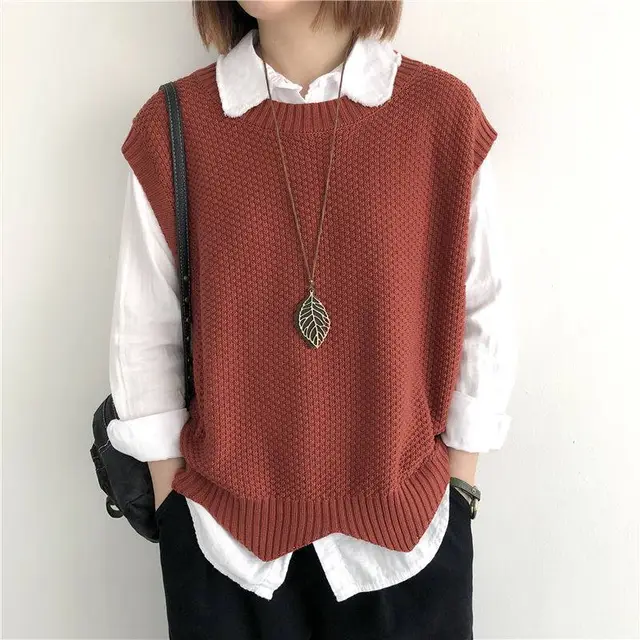 Knitted Vest Women's Vest Solid Color Loose Round Neck Irregular Pullover Short Crop top Outerwear Rust Red - Shop at LoveMi