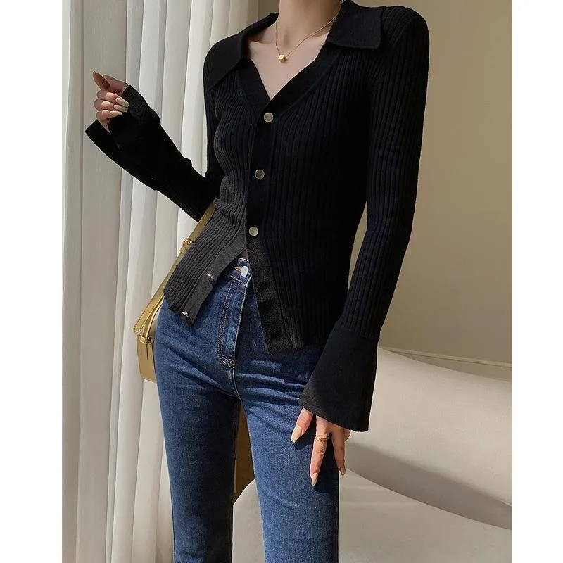 Fashionable Temperament Solid Color V neck Knitted Cardigan Black - Shop at LoveMi
