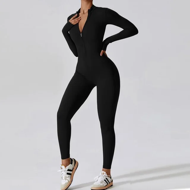 Zipper Long Sleeve Jumpsuit Yoga Fitness Training Pants Tight Hip Seamless Sports Jumpsuit For Women Clothing Black - Shop at LoveMi