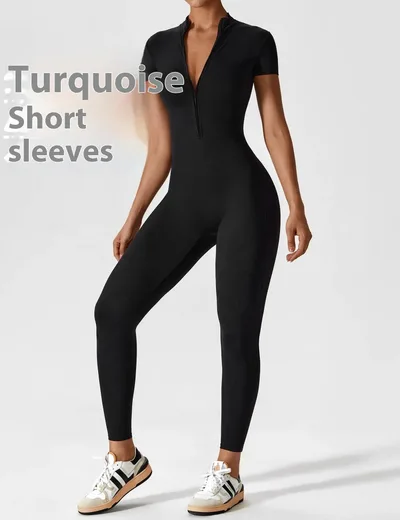 Zipper Long Sleeve Jumpsuit Yoga Fitness Training Pants Tight Hip Seamless Sports Jumpsuit For Women Clothing Turquoise M Short Sleeved Styl - Shop at LoveMi