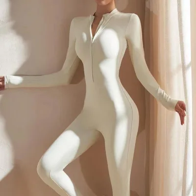 Zipper Long Sleeve Jumpsuit Yoga Fitness Training Pants Tight Hip Seamless Sports Jumpsuit For Women Clothing White - Shop at LoveMi
