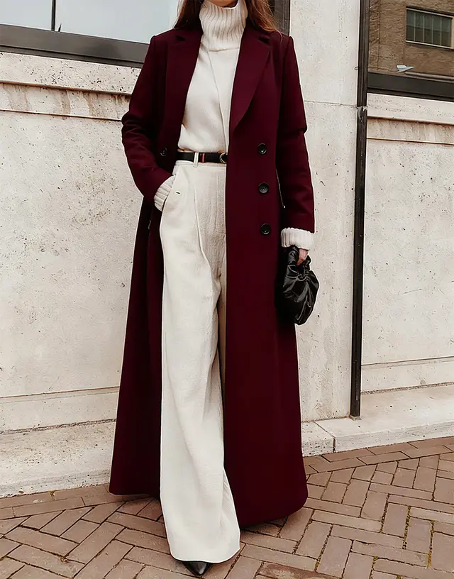 Autumn And Winter European And American Leisure Long Pure Color Warm Keeping Woolen Coat Women Wine Red - Shop at LoveMi