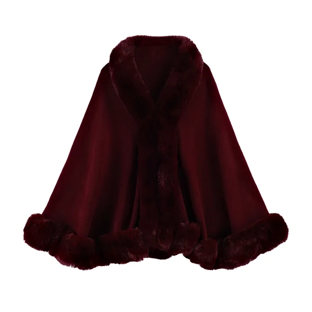 Gentle Temperament Woolen Cape And Shawl Solid Color Artificial Rex Rabbit Fur Wine Red - Shop at LoveMi