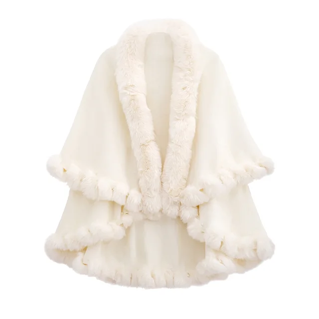 Autumn And Winter Rabbit Fur Collar Double Layer Artificial Cashmere Cape And Shawl White - Shop at LoveMi