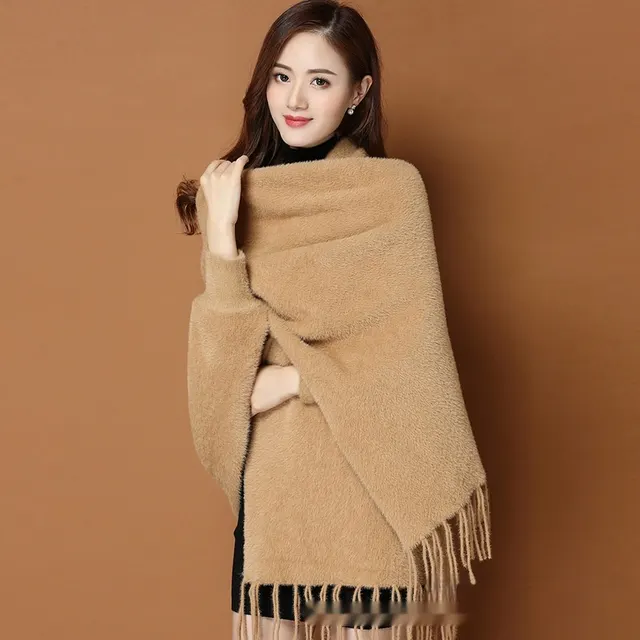 Autumn And Winter Classic Pure Color Thickened Faux Mink Sleeved Shawl Women's Scarf Khaki - Shop at LoveMi