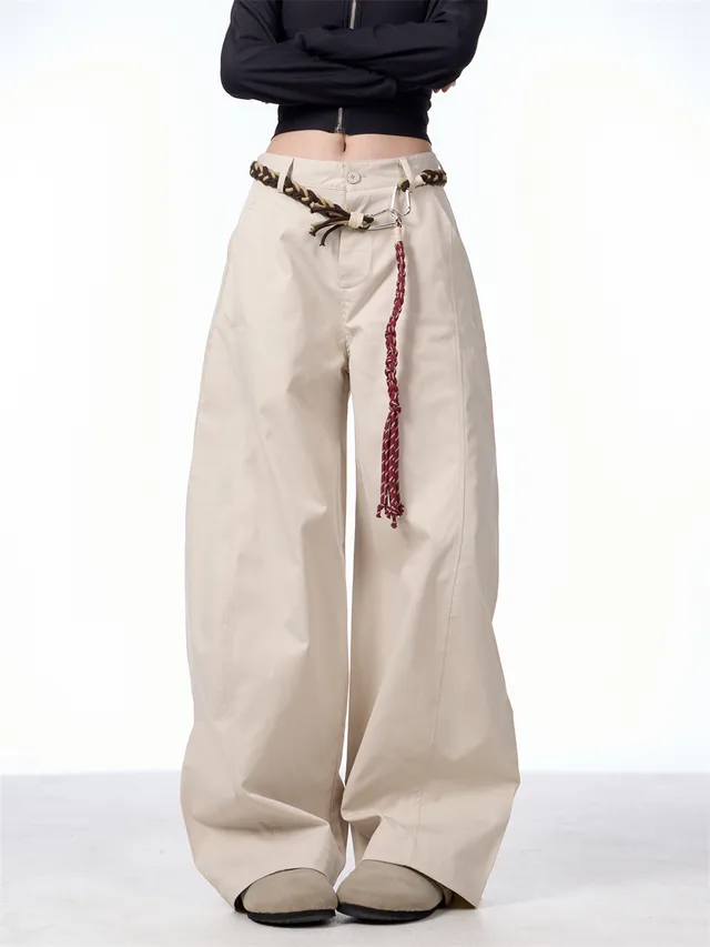 Retro Matchet Pants Casual Pants For Women With Belt Apricot - Shop at LoveMi