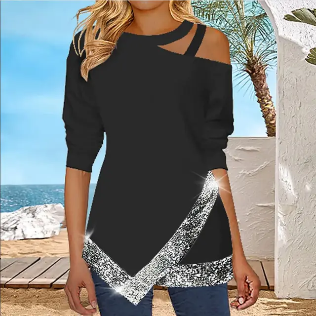 New Strapless Irregular Sequins Long Sleeve Casual Top Black - Shop at LoveMi