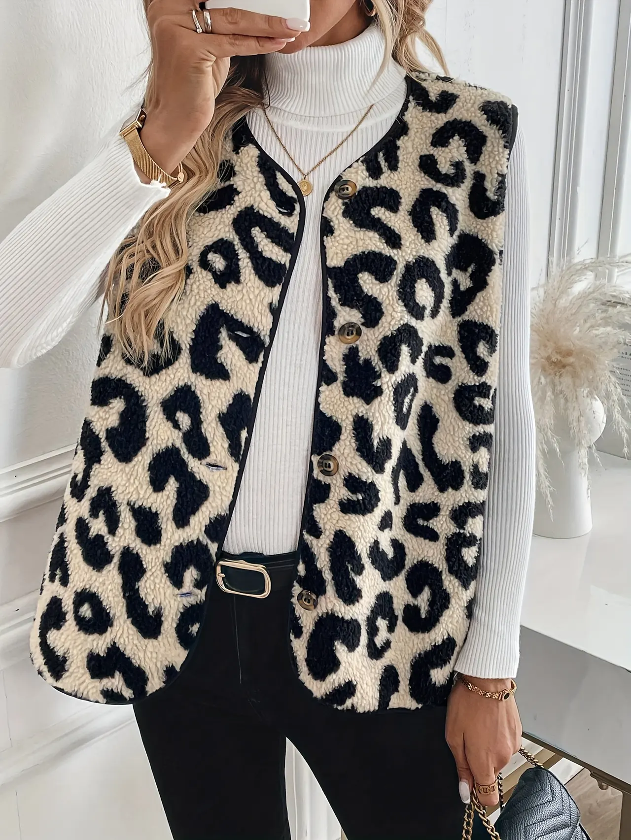 New Leopard Print Front Button Plush Fashion Vest - Leopard Print