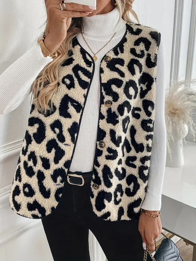 New Leopard Print Front Button Plush Fashion Vest Leopard Print - Shop at LoveMi