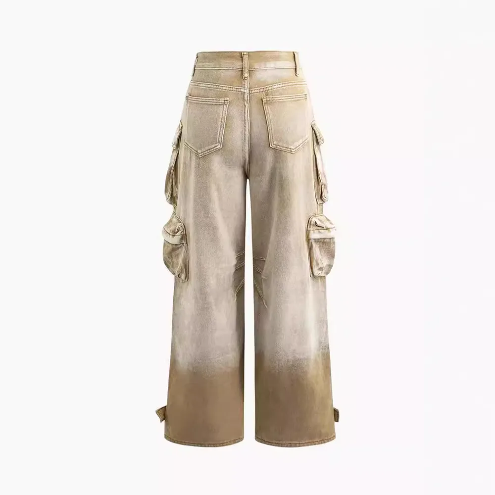 American Street Trendy Mixed Colour Distressed Multi-pocket Workwear Jeans - Khaki - View 1