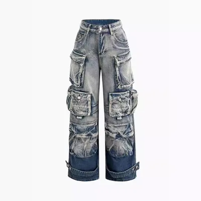 American Street Trendy Mixed Color Distressed Multi pocket Workwear Jeans Light Blue - Shop at LoveMi