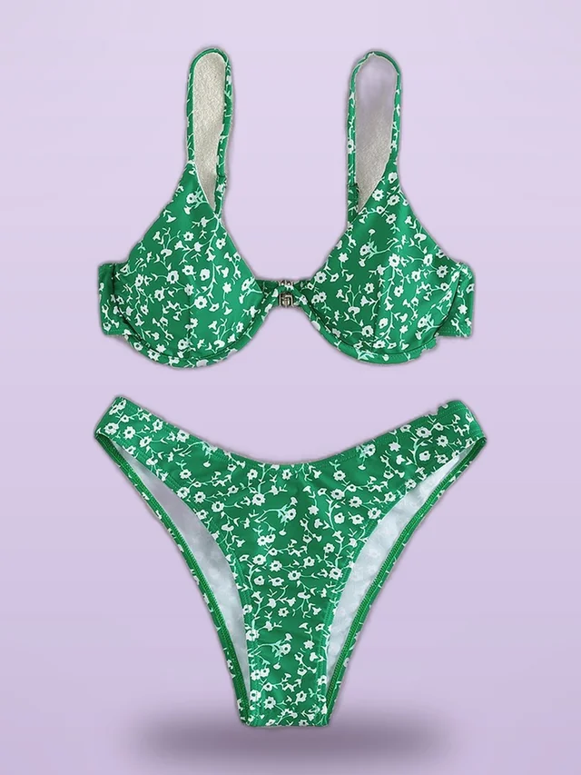 Double shoulder Floral Steel Bracket Backless High Waist Triangle Swimsuit Green - Shop at LoveMi