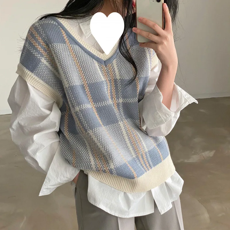 Autumn And Winter Plus Size Plaid Knitted Vest Sweater - Blue