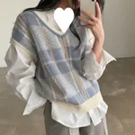 Autumn And Winter Plus Size Plaid Knitted Vest Sweater - Blue