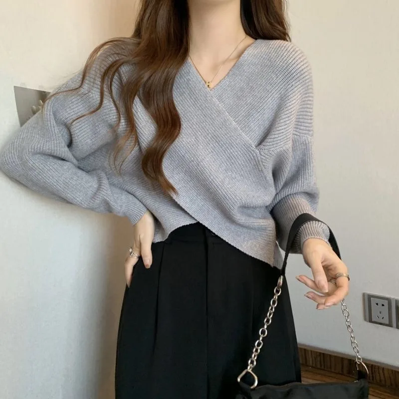 Early Autumn Cross Design Sense V neck Red Gentle Style Sweater Gray - Shop at LoveMi
