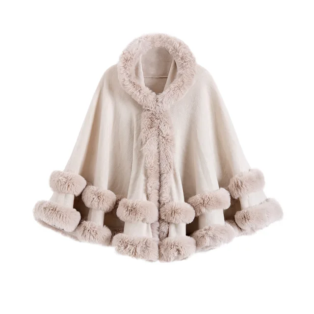 Oversized Knitted Cape Outer Shawl Artificial Fur Collar Hooded Warm Jacket Beige - Shop at LoveMi