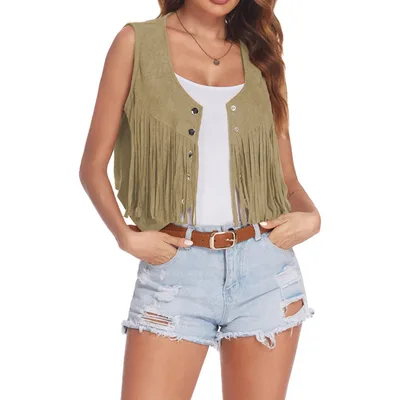 Vest Women's Suede Short Tassel Cardigan Sleeveless Retro Camel - Shop at LoveMi