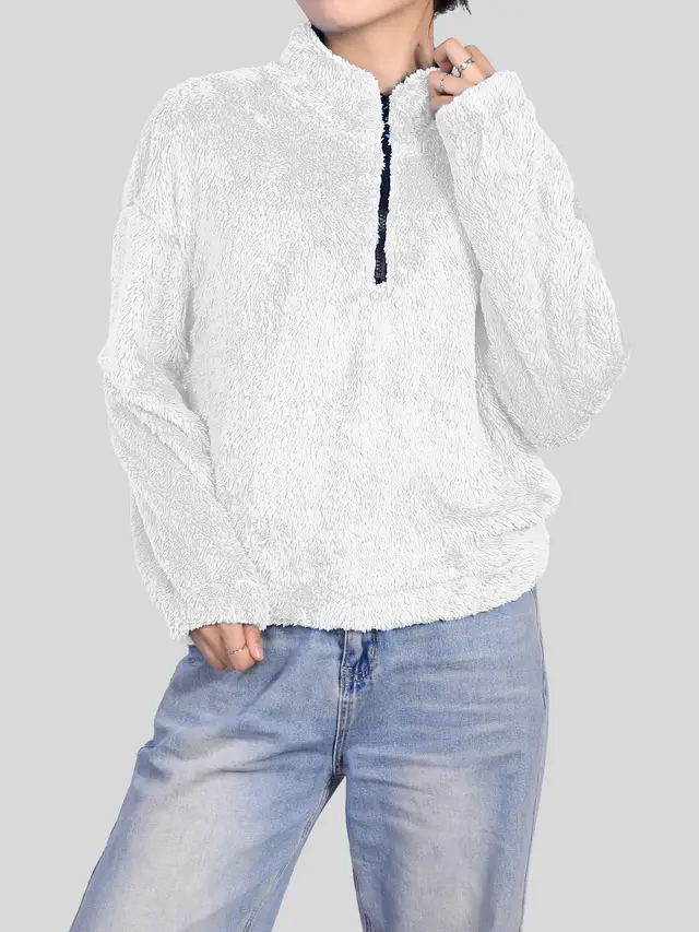 Thermal Half high Collar Long Sleeves Zipper Design Loose Casual Top White - Shop at LoveMi