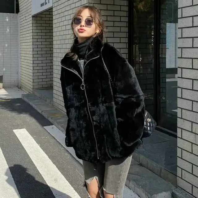 Green Rabbit Fur Classic Style Occupied Short Coat Black - Shop at LoveMi