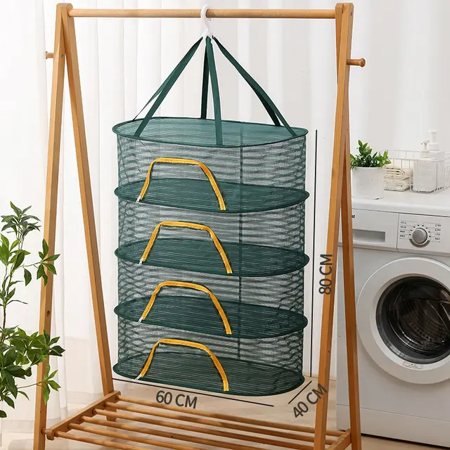 Hanging Network Dry Goods Artifact Fly Cage Foldable Balcony Drying Things Dark Green 4 Layers 40 × 60Cm - Shop at LoveMi