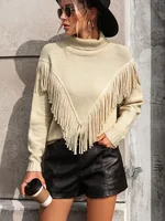 Loose-fitting Tassel Turtleneck Sweater - Apricot