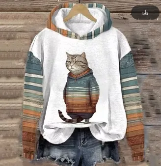 Women's Sweater 3D Digital Printing Animal Cat Oil Painting Pullover Hoodie 14Style L - Shop at LoveMi