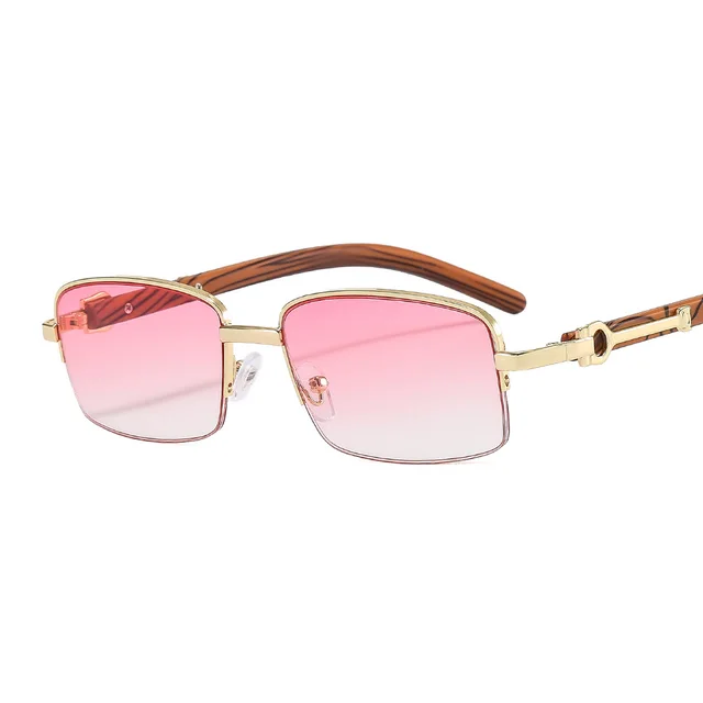 Metal Small Square Box Color Wood Grain Sunglasses Plain Glasses C6 Gold Frame Gradually Pink - Shop at LoveMi