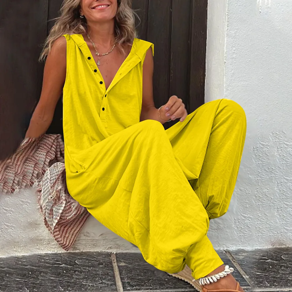 New Button Hooded Sleeveless Jumpsuit - Bright Yellow