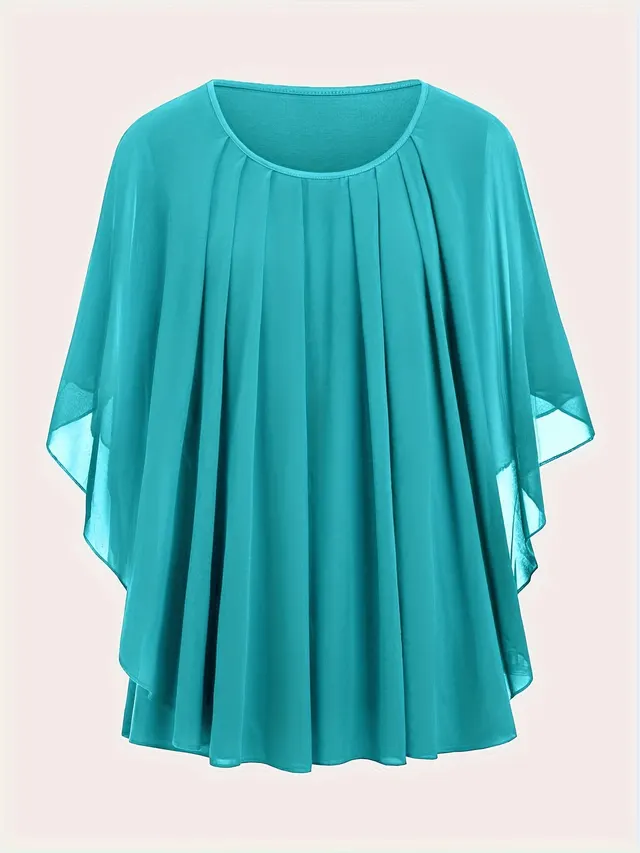 European And American Plus Size Women's Clothes New Belly covering Slimming Loose Solid Color Short Sleeve Peacock Blue - Shop at LoveMi