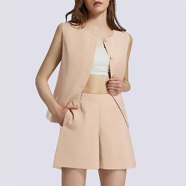 2 piece Sleeveless Round Neck Button High waisted Trousers Business Work Suits Beige - Shop at LoveMi