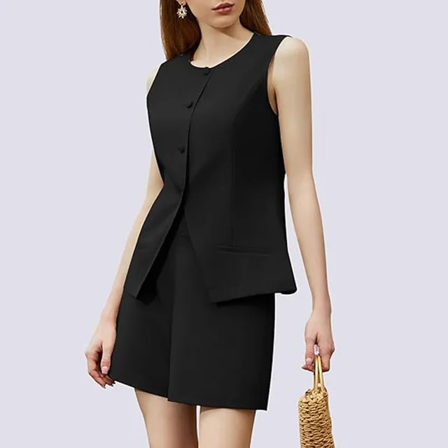 2 piece Sleeveless Round Neck Button High waisted Trousers Business Work Suits Black - Shop at LoveMi