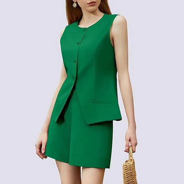2 piece Sleeveless Round Neck Button High waisted Trousers Business Work Suits Green - Shop at LoveMi