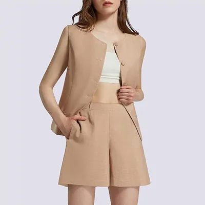 2 piece Sleeveless Round Neck Button High waisted Trousers Business Work Suits Khaki - Shop at LoveMi