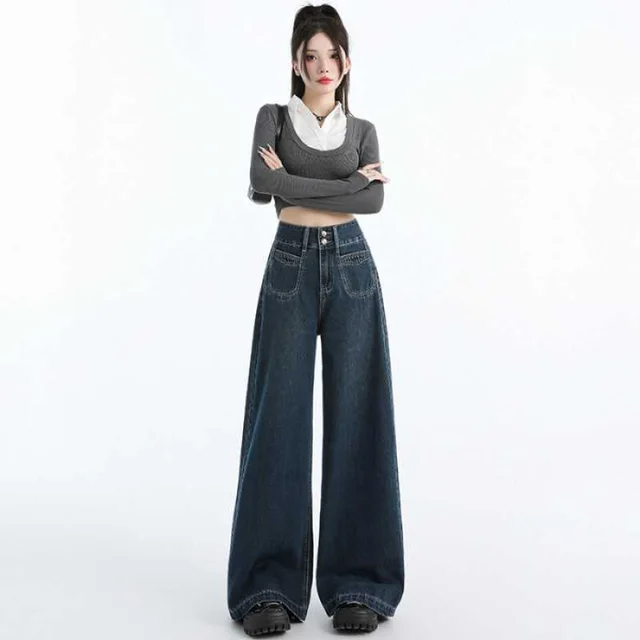 Draping Mop All matching Straight Jeans For Women Dark Blue Ninth Pants - Shop at LoveMi