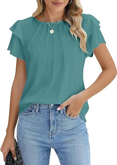 Summer Pleated Short Sleeve Round Neck Top Business Work Shirt Green - Shop at LoveMi